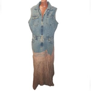 Rockabilly Upcyled Boho Jean Maxi Dress Woman Plus 18 Blue Denim Chiffon Leopard